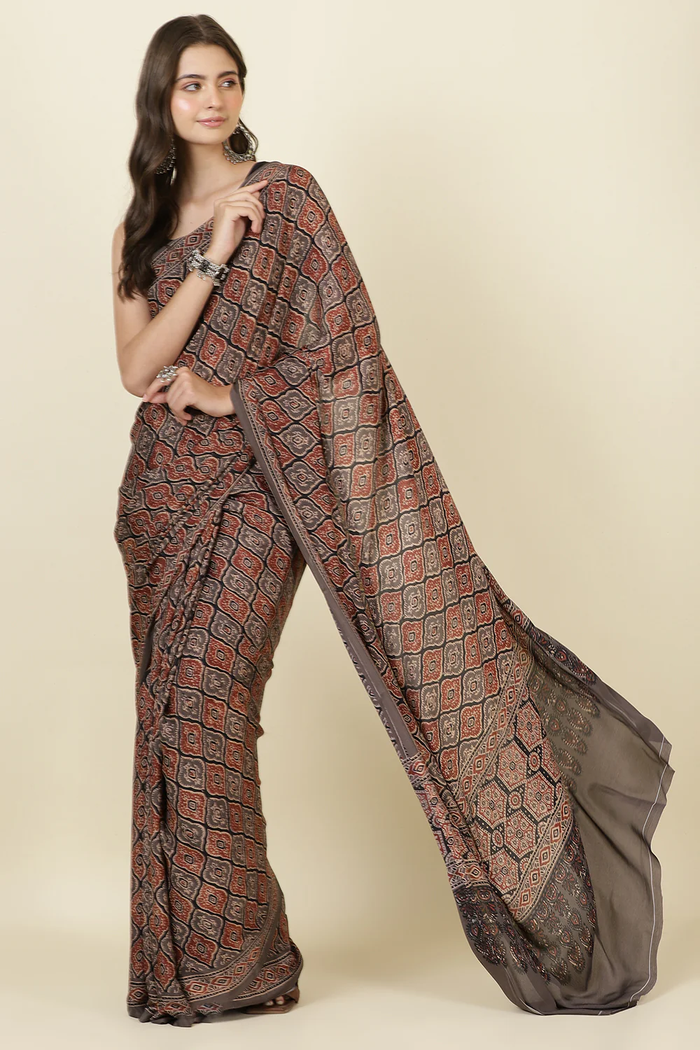 Brown Crepe Printed Saree