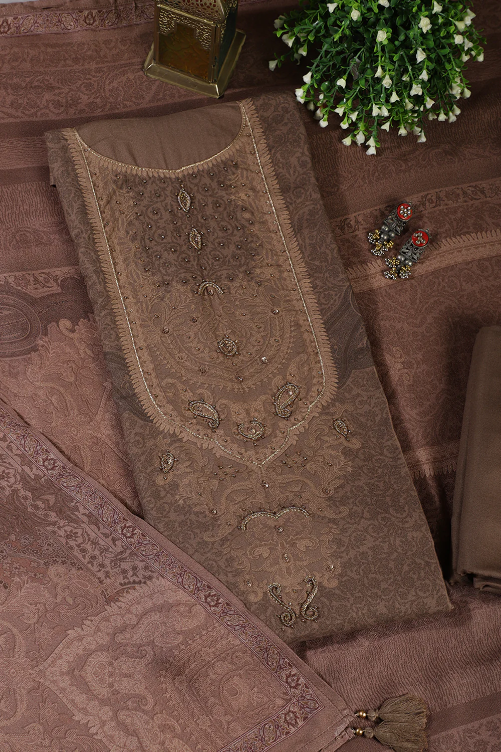 Brown Floral Jaal Printed Spun Unstitched Suit Material - Image 2