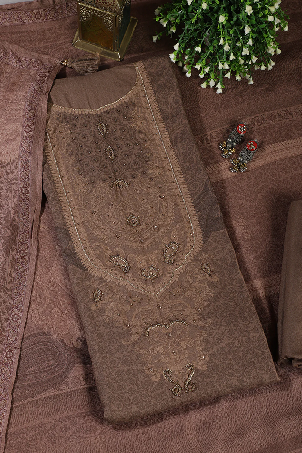 Brown Floral Jaal Printed Spun Unstitched Suit Material - Image 4