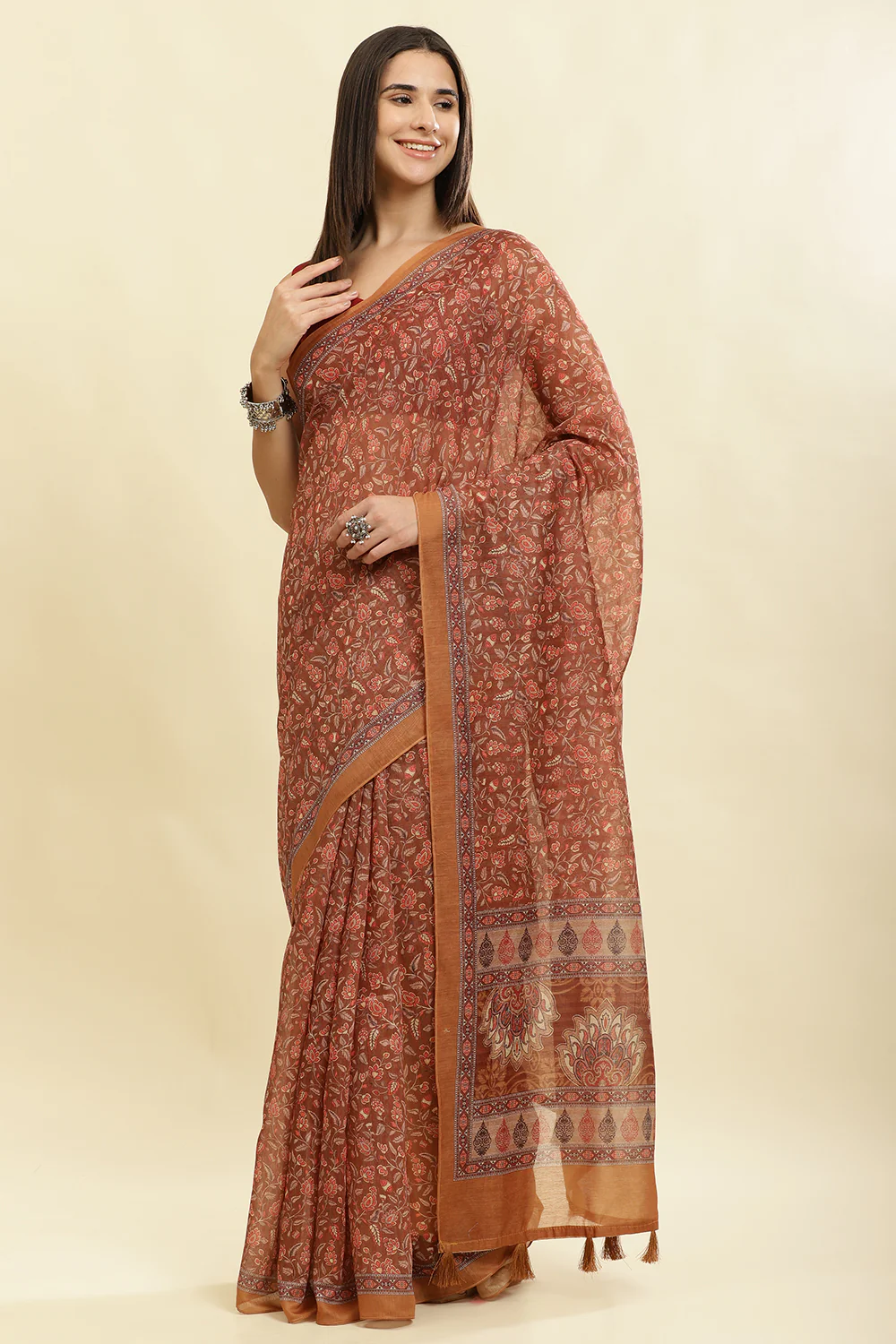 Brown Floral Printed Cotton Silk Saree - Image 4