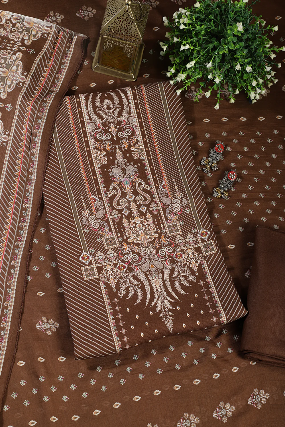 Brown Mughal-Inspired Paisley Printed Spun Unstitched Suits Fabric - Image 3