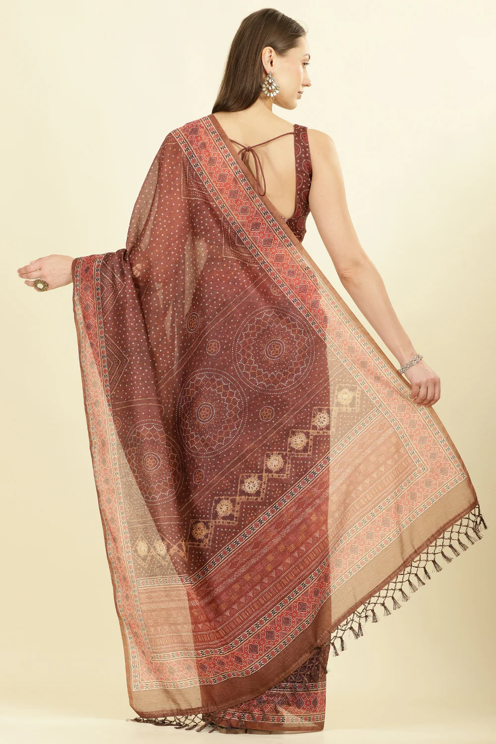 Brown Organza Cotton Bandhani Block Printed Saree - Image 3