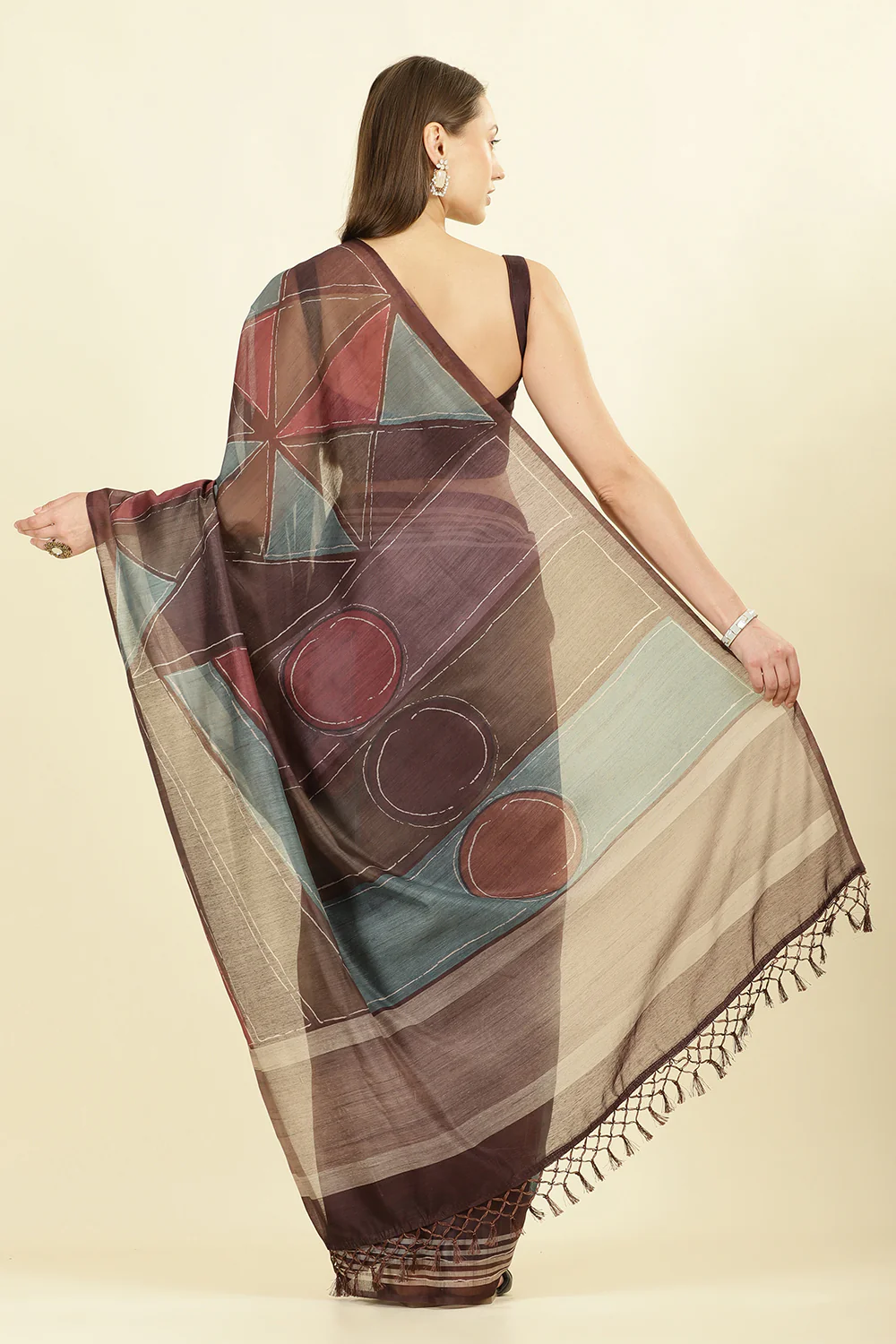 Brown Organza Cotton Printed Saree - Image 3