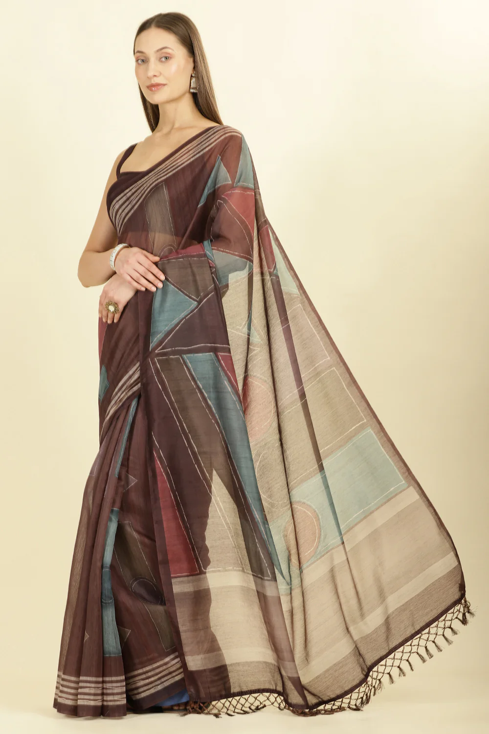 Brown Organza Cotton Printed Saree - Image 5