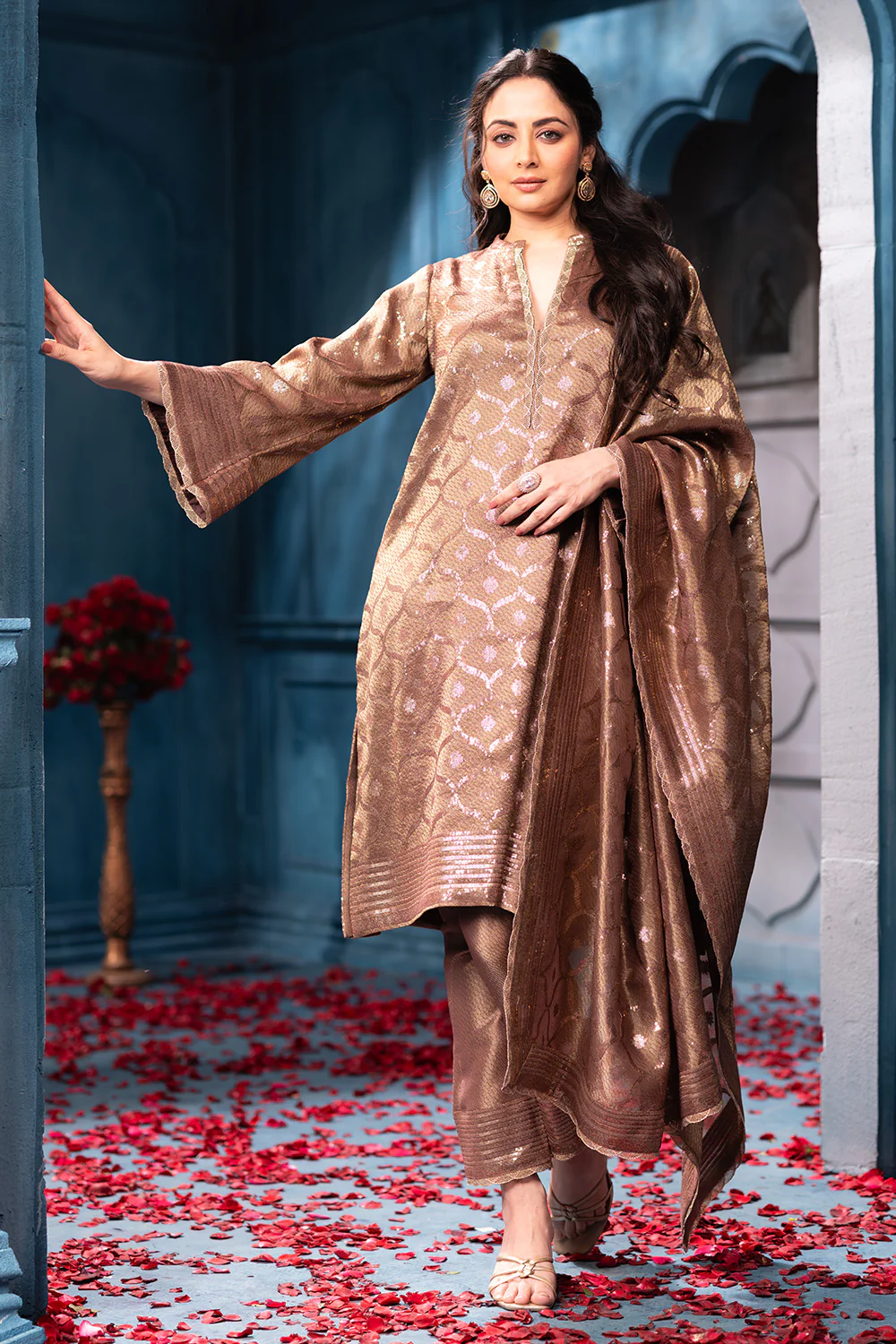Brown Pure Metallic Tissue Sequins Embroidered Suit - Image 3