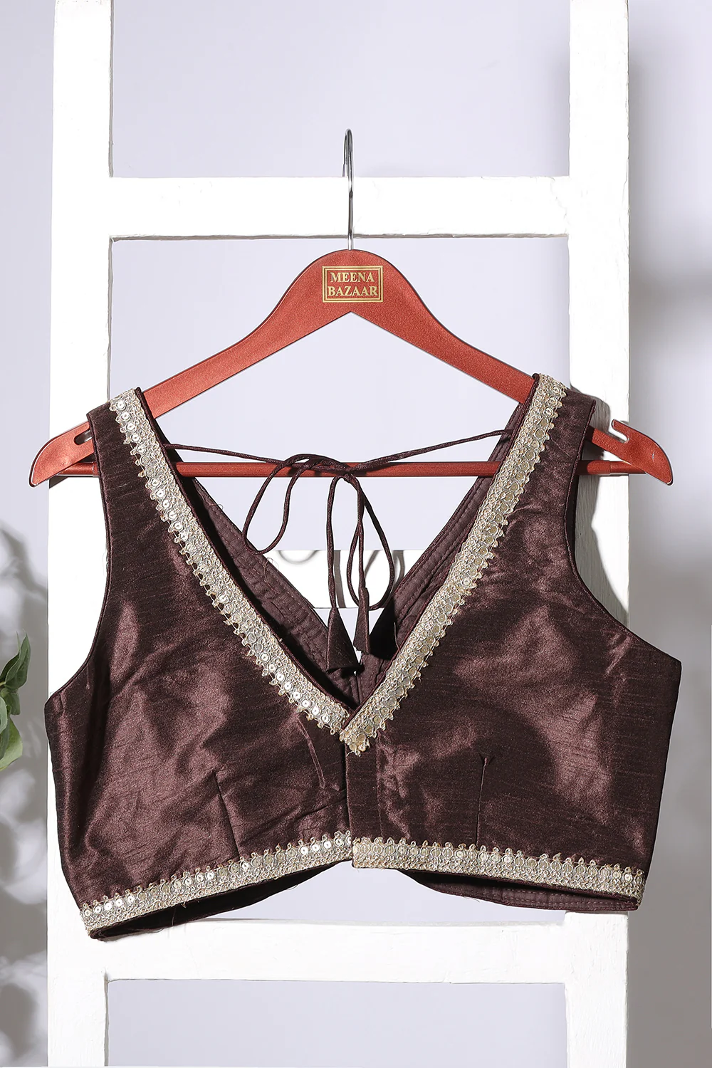 Brown Tussar Silk Zari And Sequins Embroidered Readymade Blouse - Image 3