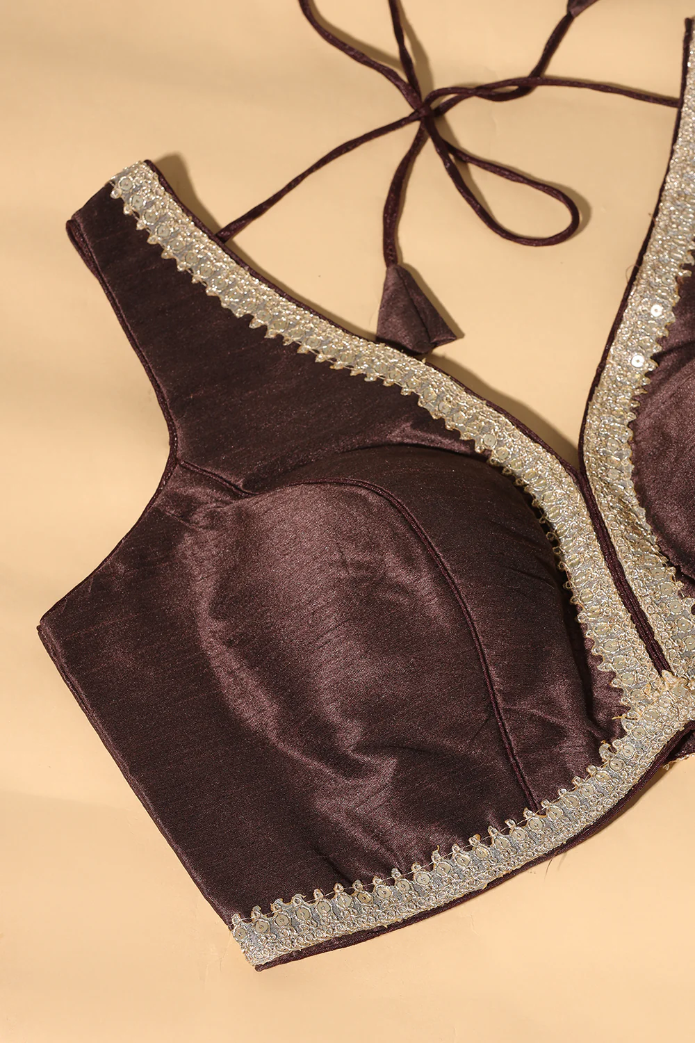Brown Tussar Silk Zari And Sequins Embroidered Readymade Blouse - Image 4