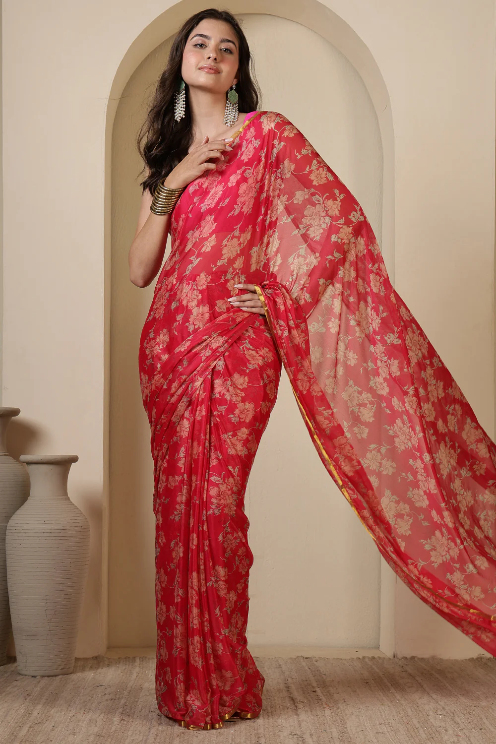Cardinal Red Chiffon Floral Zari Border & Floral Printed Saree - Image 3