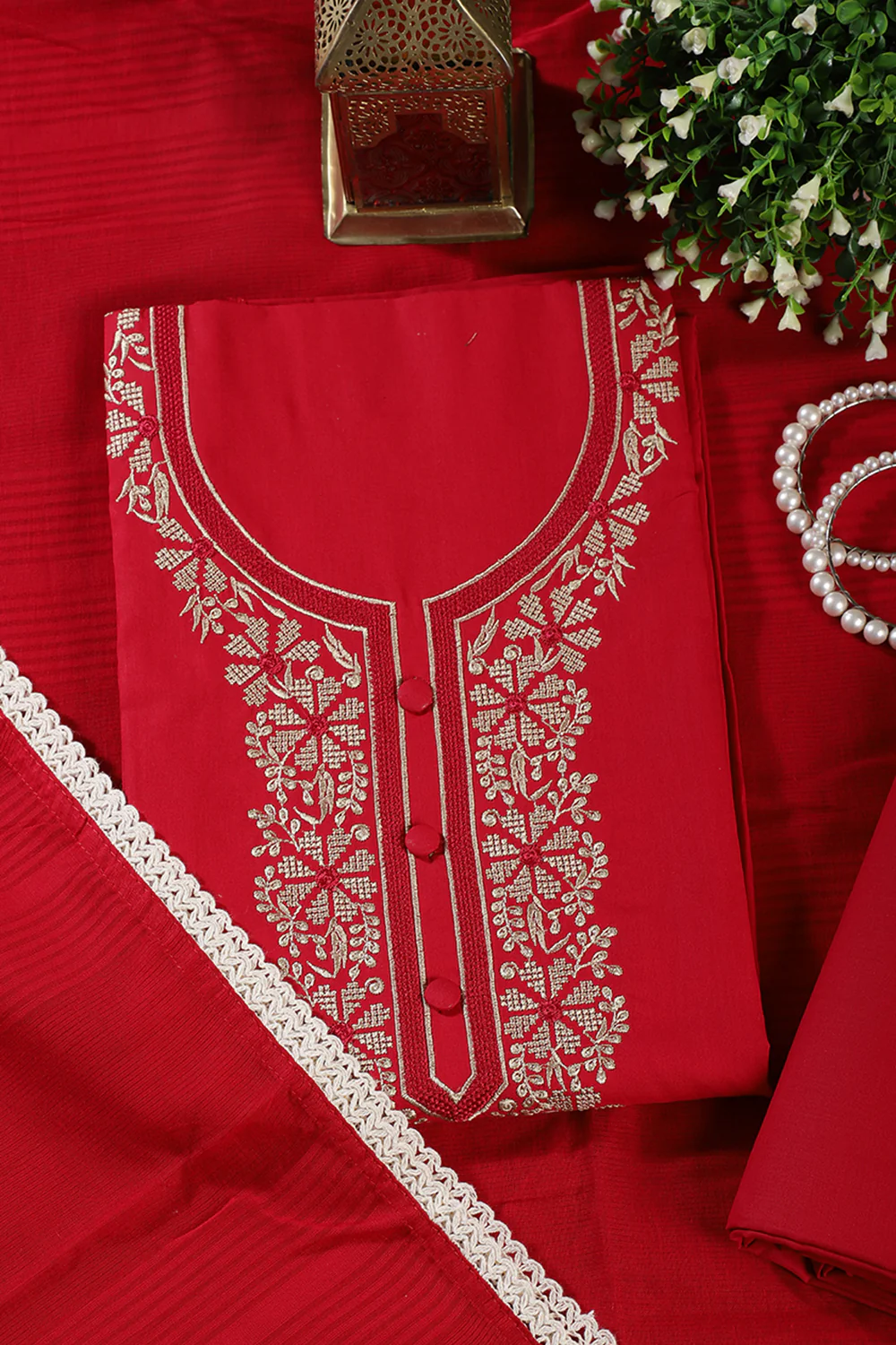 Cardinal Red Cotton Resham Embroidered Unstitched Suit - Image 3