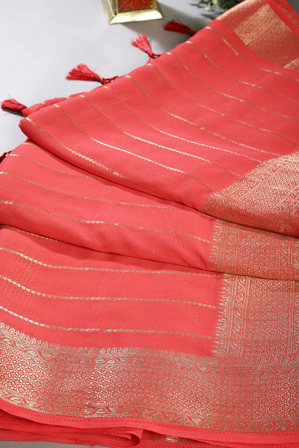 Carmine Pink Color Georgette Saree with Zari Pinstripes - Image 2