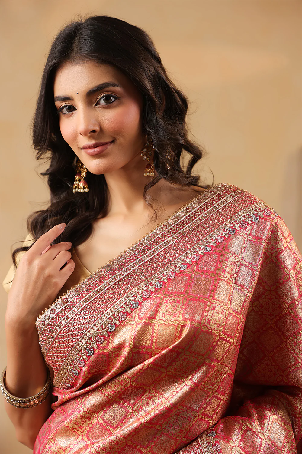 Cherry Red & Gold Color Woven Saree - Image 6