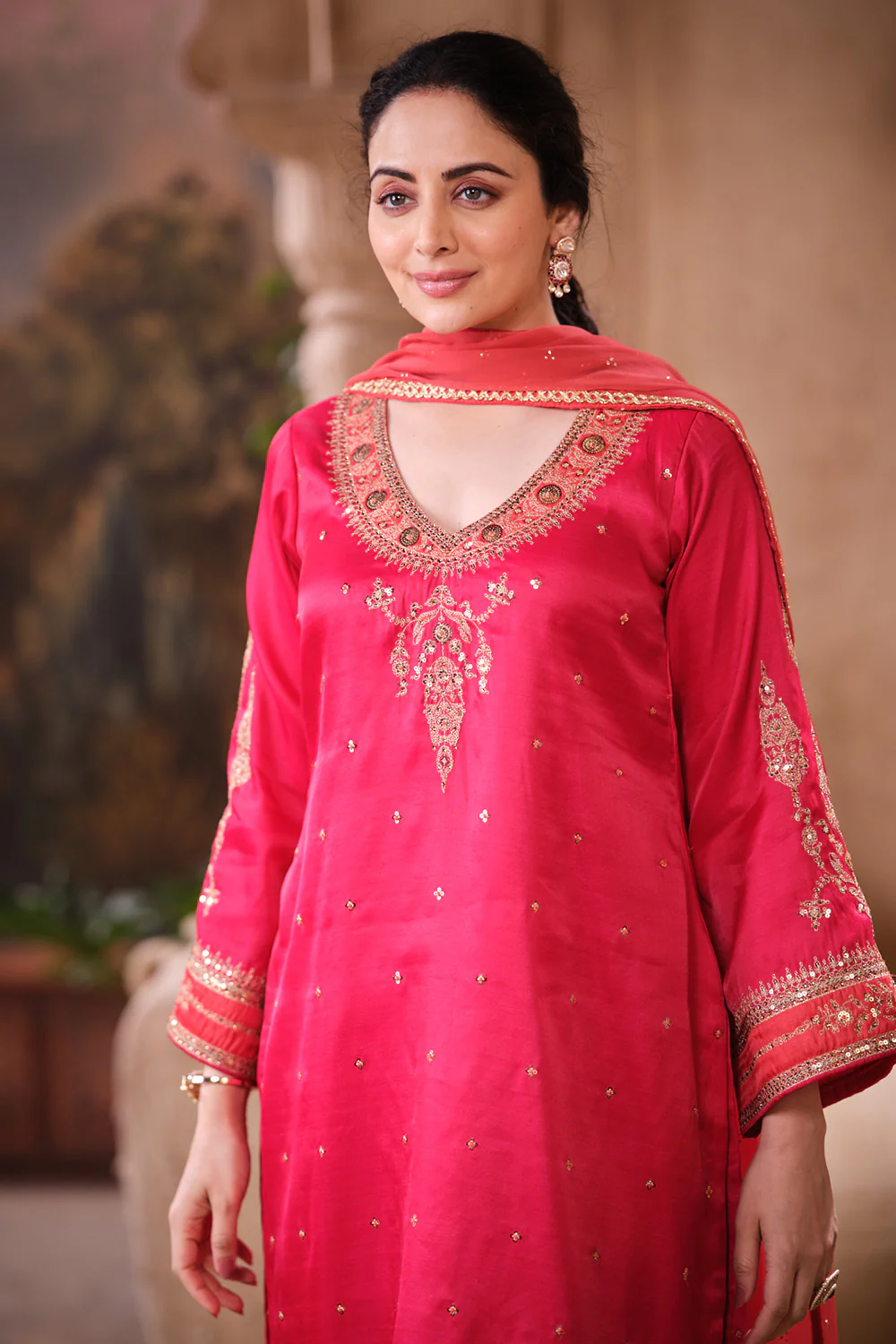 Cherry Red Pure Silk Sequins And Zari Embroiderd Suit Set - Image 4