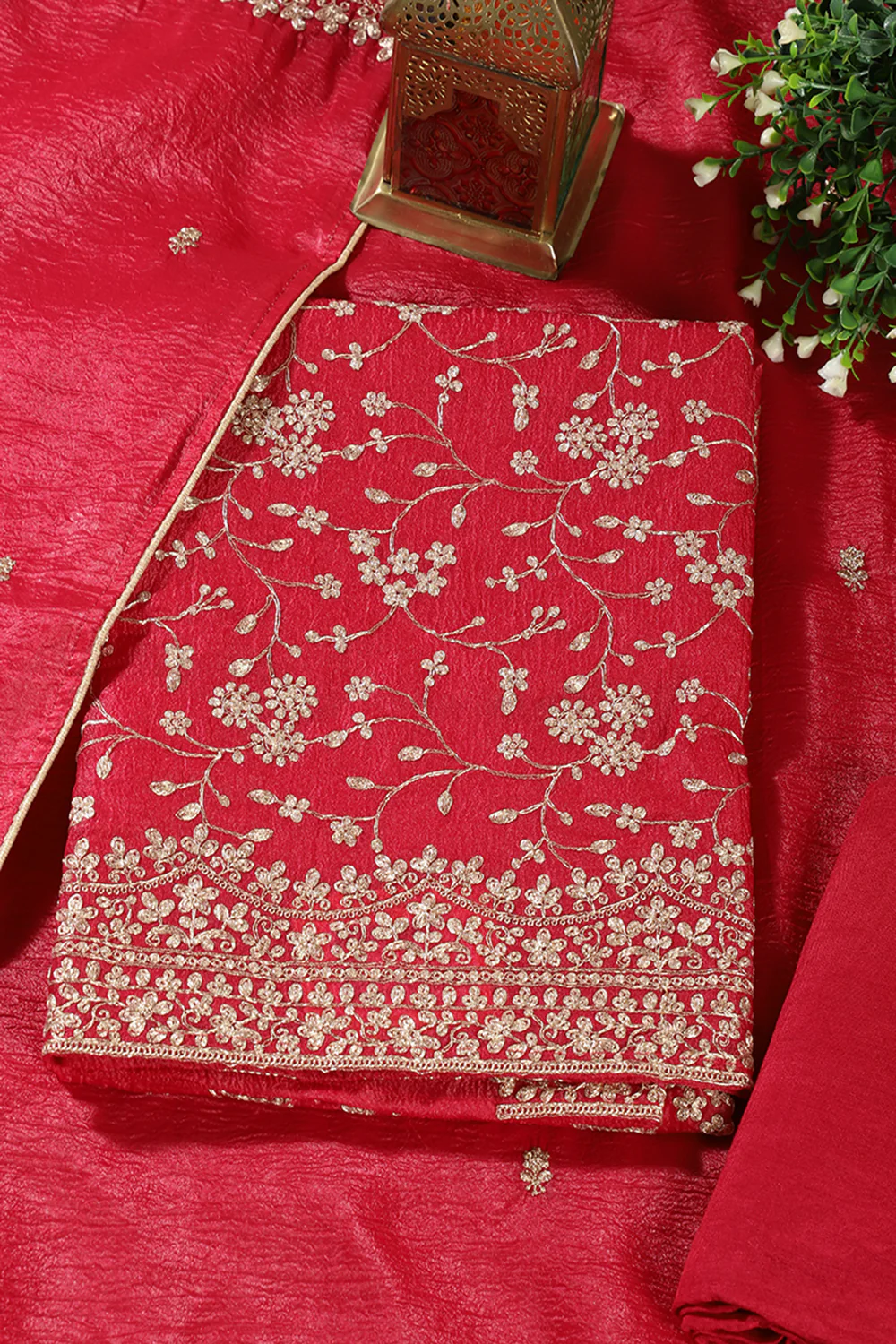Cherry Red Tissue Silk Zari Embroidered Unstitched Suit Material - Image 3