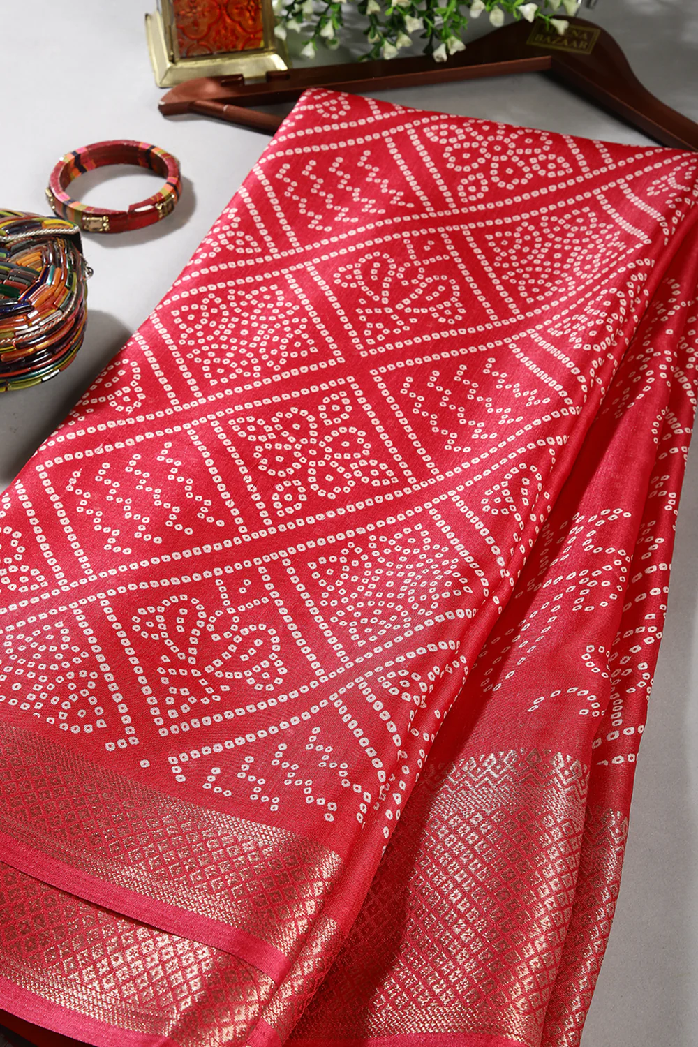 Coral Color Block Printed Cotton Silk Saree
