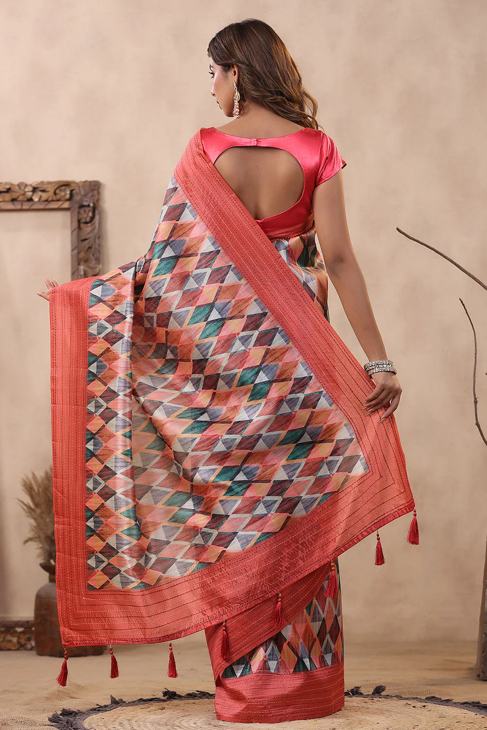 Coral Color Tussar Cotton Printed Saree - Image 2