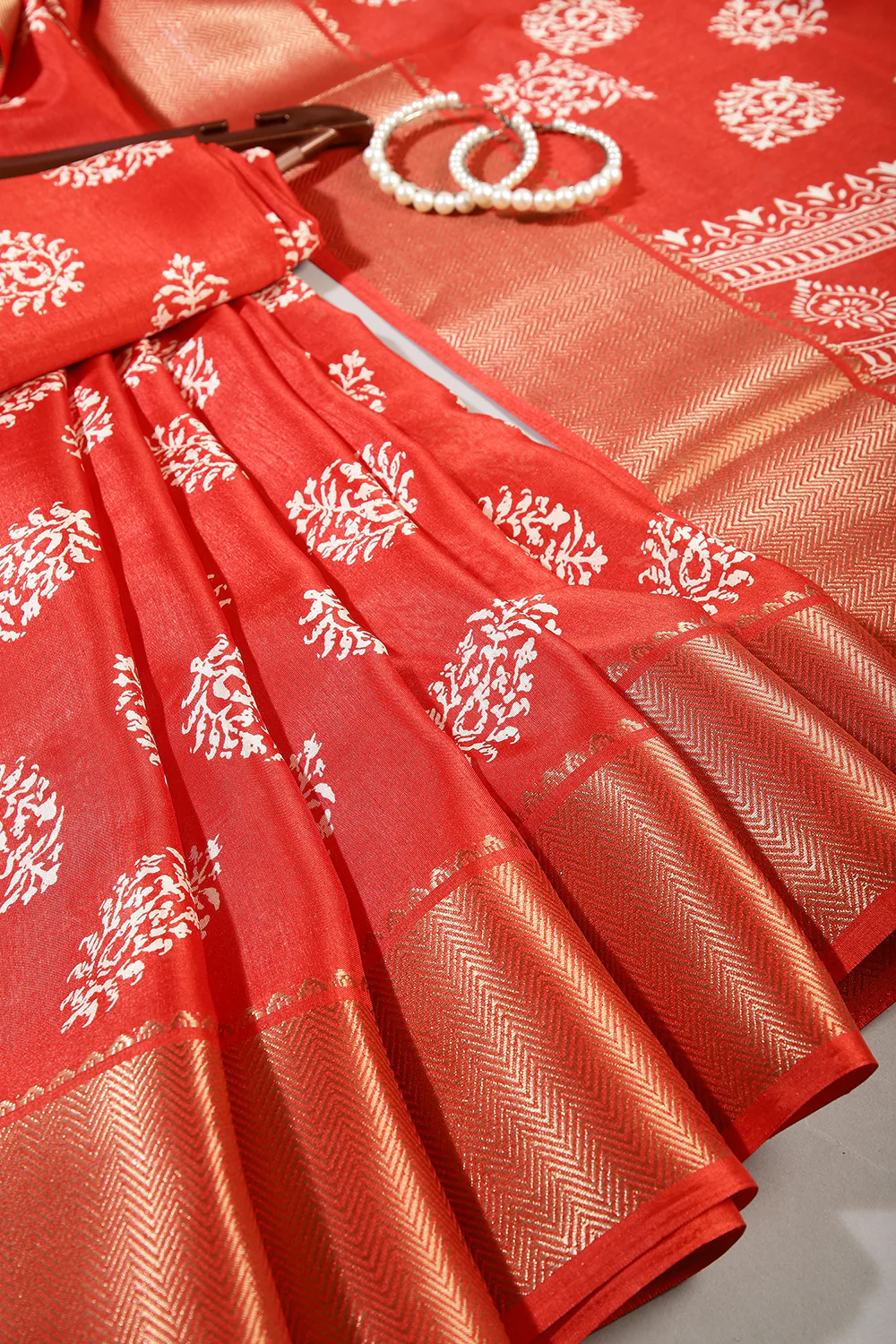 Coral Red Color Block Printed Cotton Silk Saree