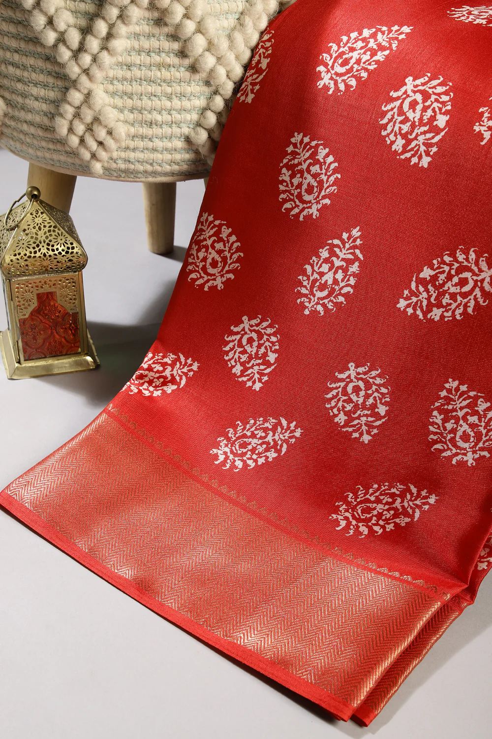 Coral Red Color Block Printed Cotton Silk Saree - Image 2
