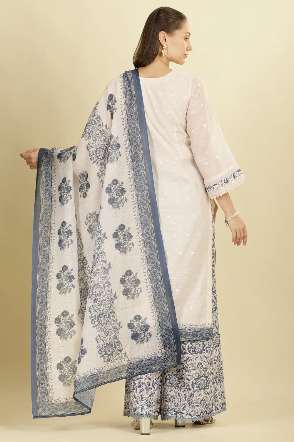 Cream & Blue Cotton Printed Unstitched Suit Material - Image 3
