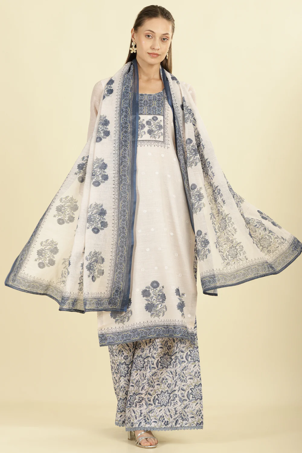 Cream & Blue Cotton Printed Unstitched Suit Material - Image 5