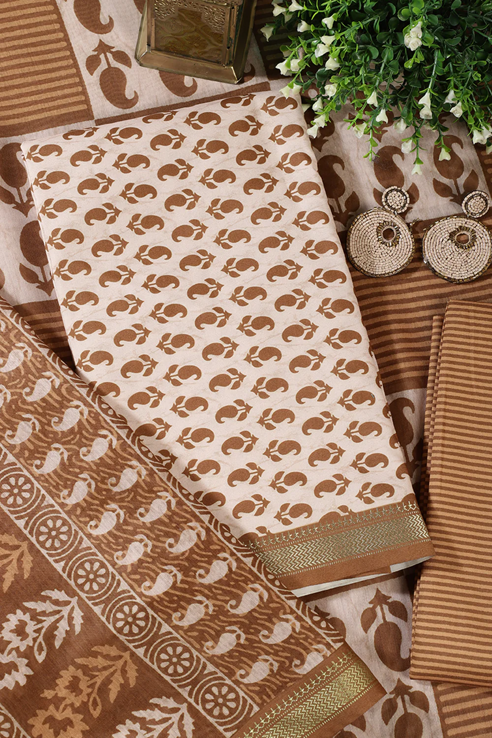 Cream & Brown Cotton Dabu Block Print Unstitched Suit Material - Image 2
