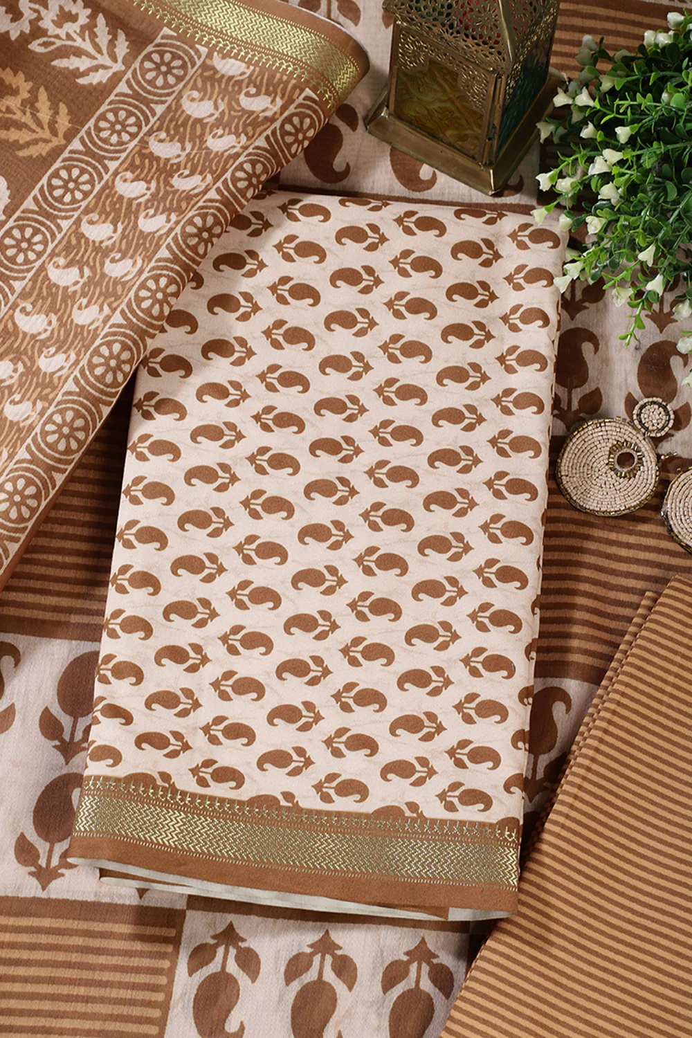 Cream & Brown Cotton Dabu Block Print Unstitched Suit Material - Image 3