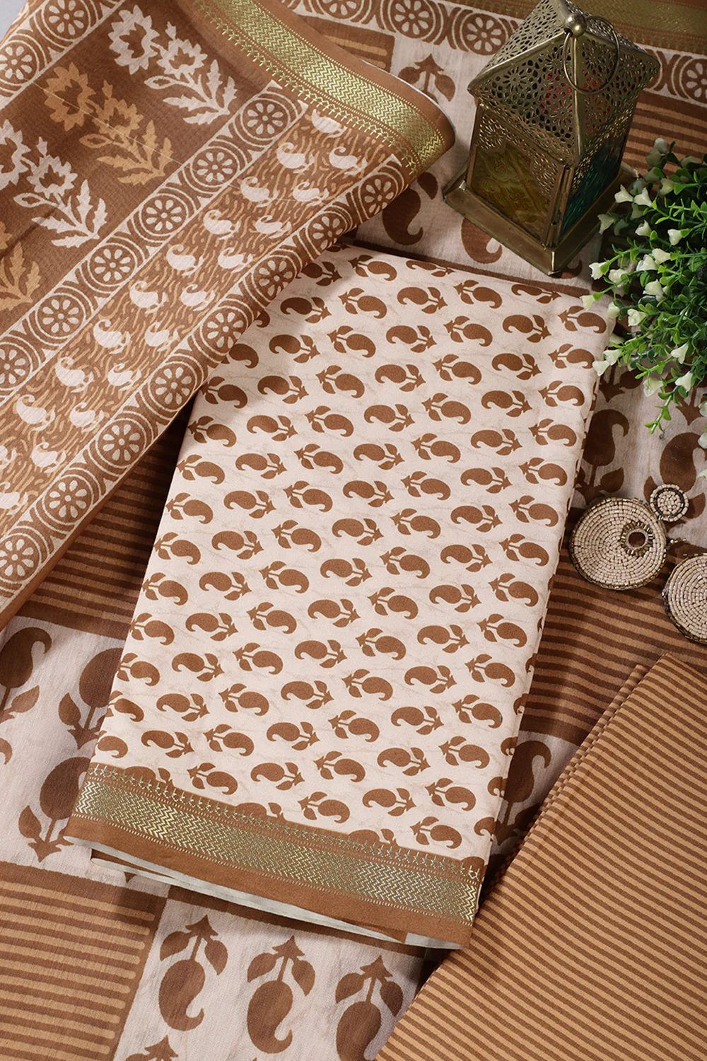 Cream & Brown Cotton Dabu Block Print Unstitched Suit Material - Image 4