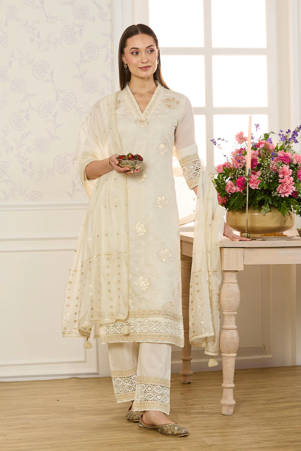 Cream Chanderi Cotton Floral Embroidered Suit