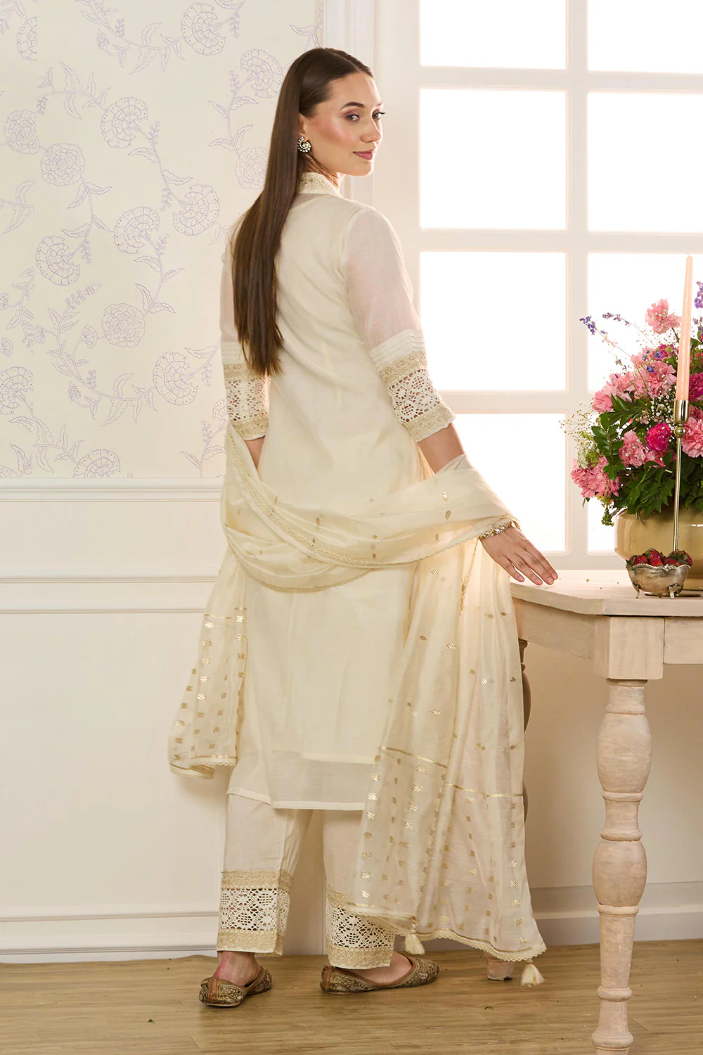 Cream Chanderi Cotton Floral Embroidered Suit - Image 3