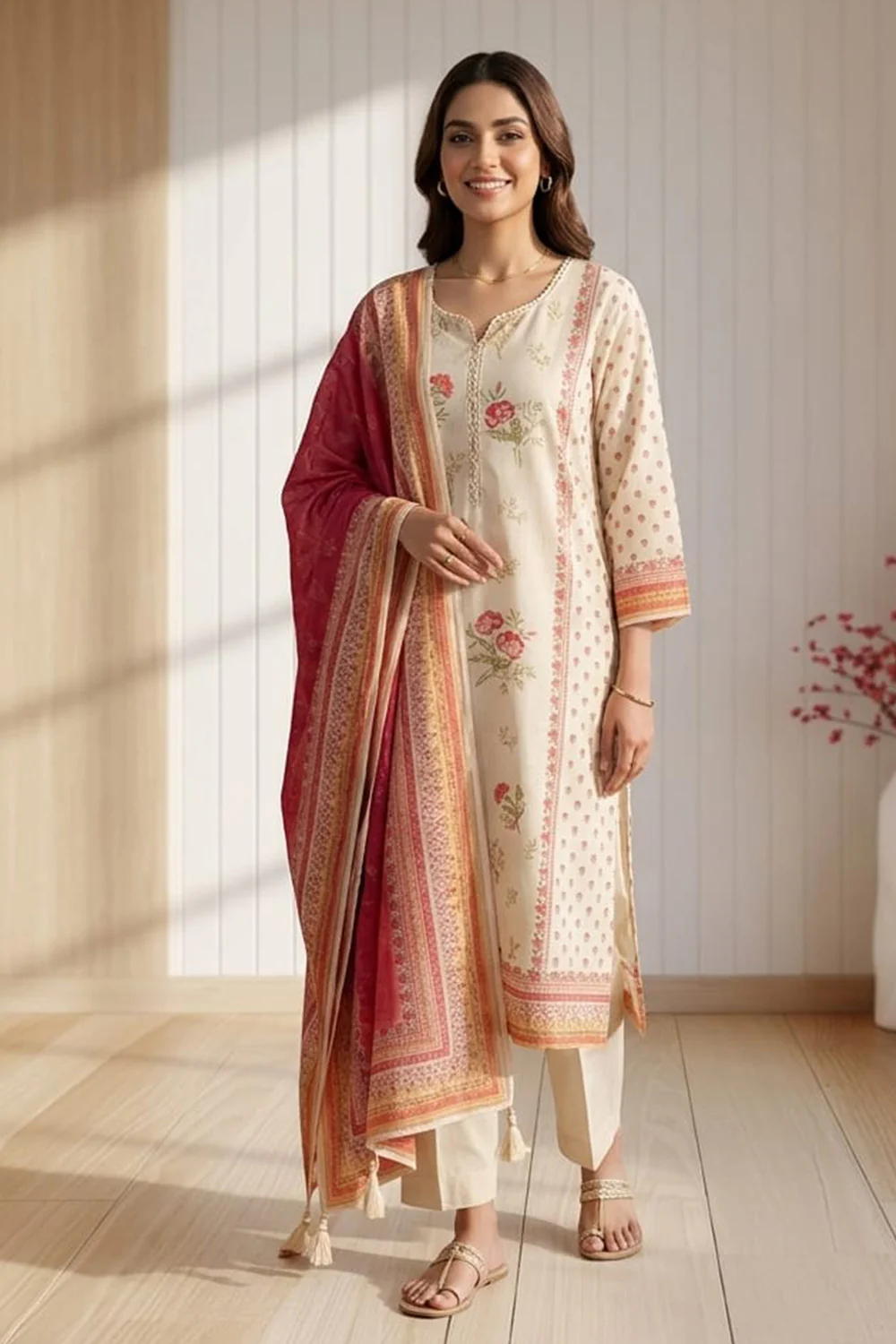 Cream Chanderi Cotton Floral Printed Suit