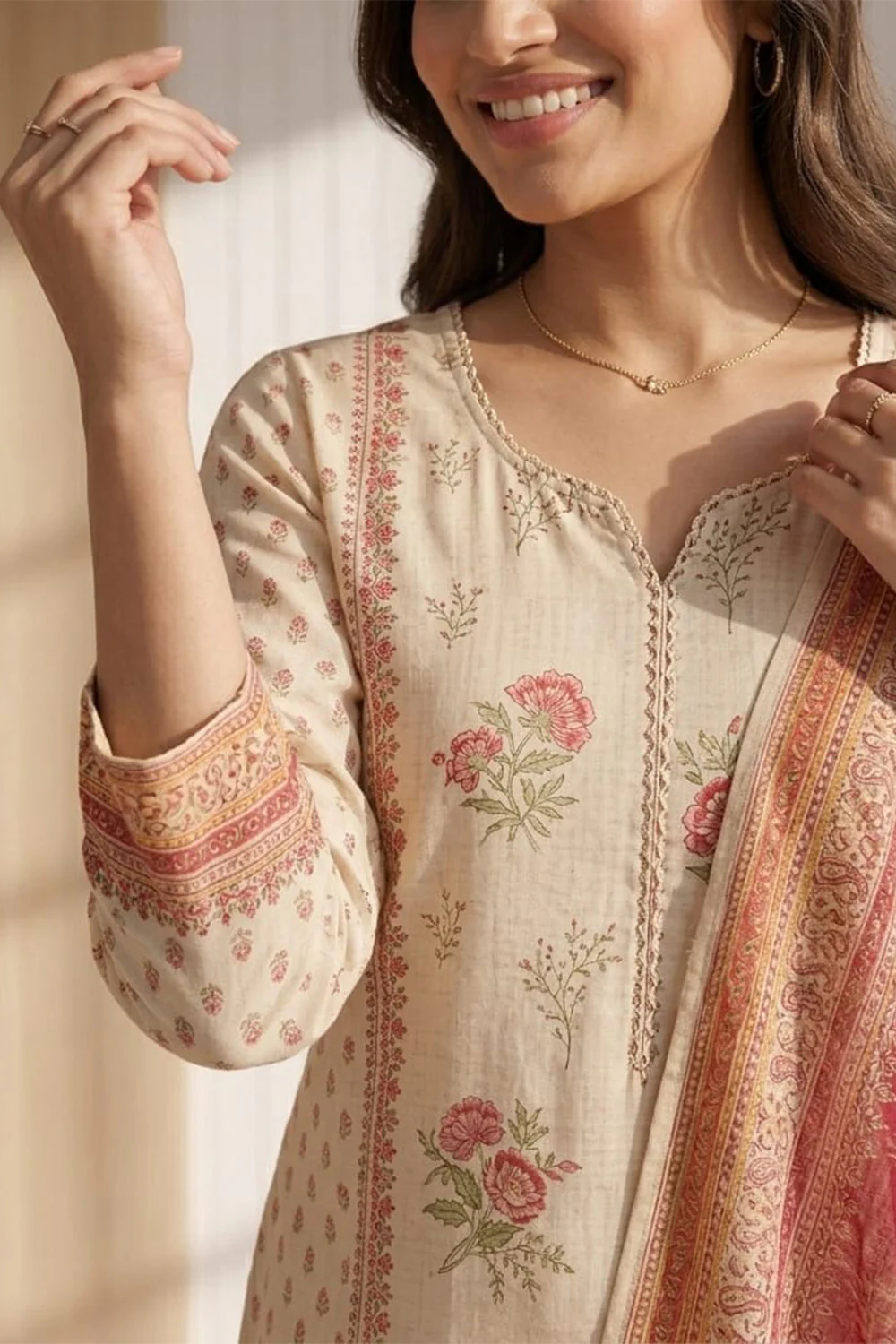 Cream Chanderi Cotton Floral Printed Suit - Image 3