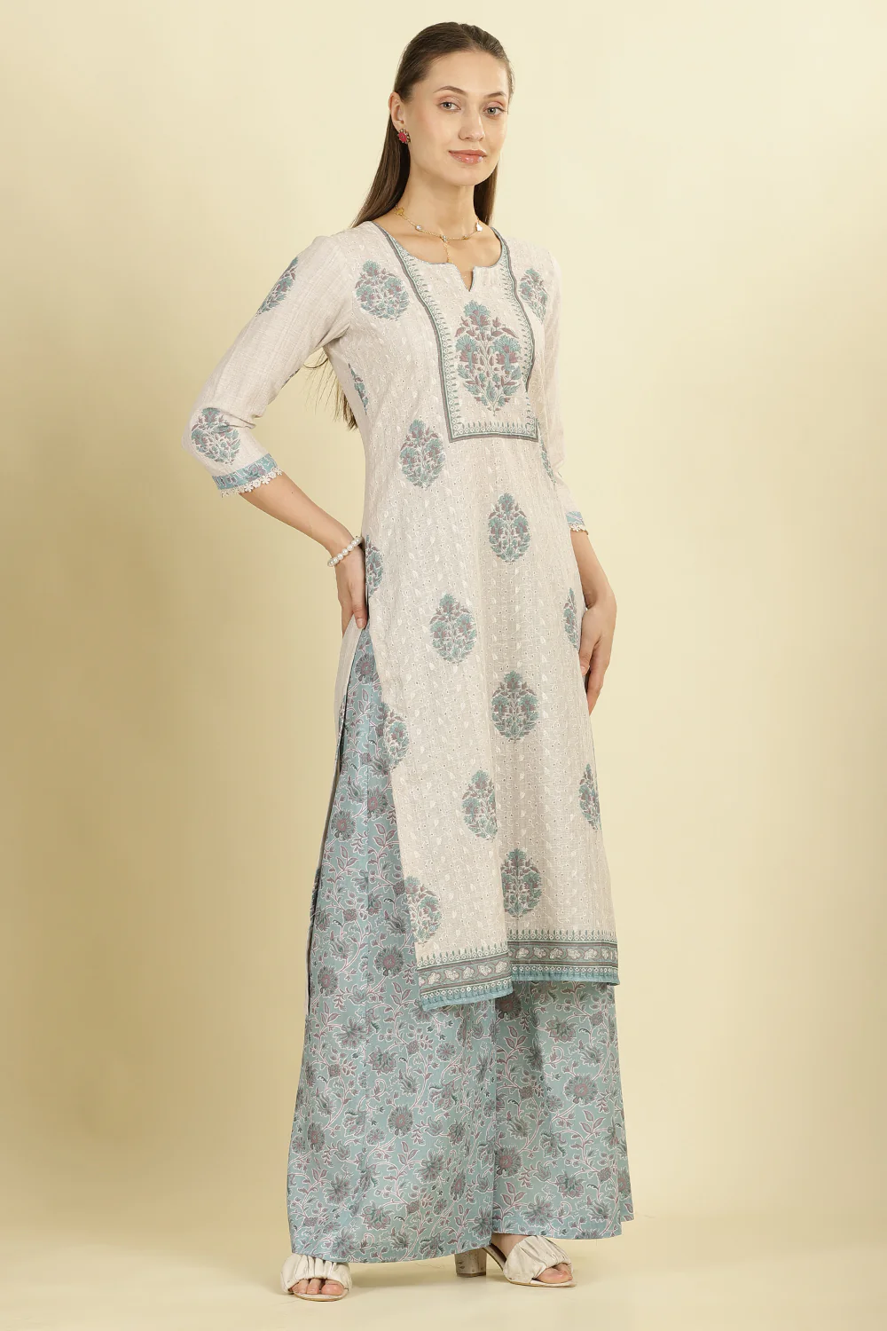 Cream Chanderi Cotton Hacoba Style & Floral Printed Unstitched Suit Material - Image 2