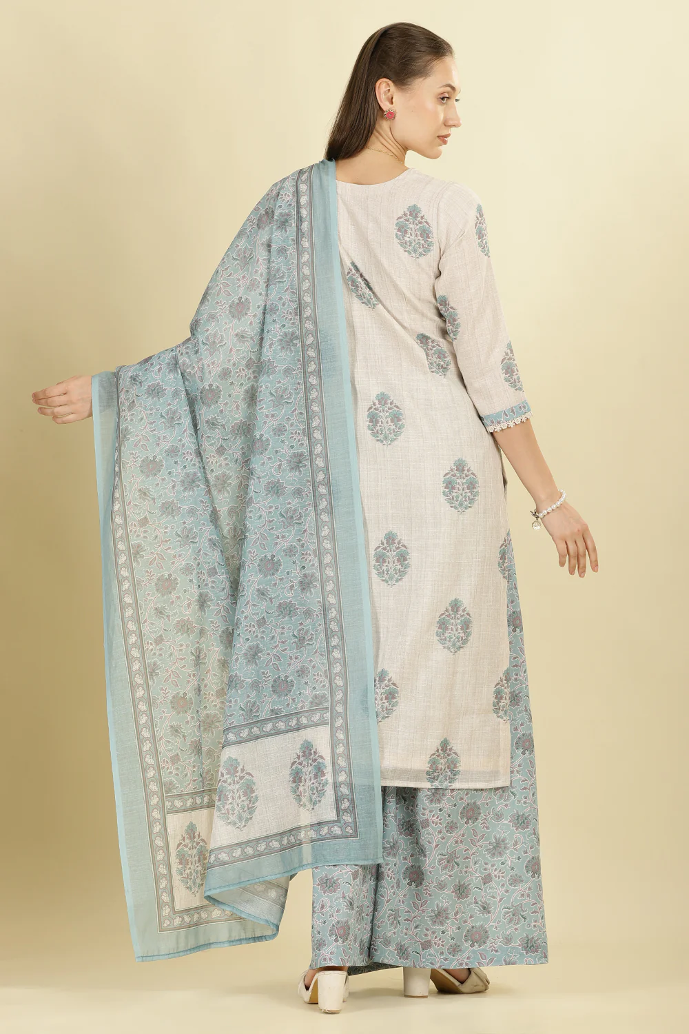 Cream Chanderi Cotton Hacoba Style & Floral Printed Unstitched Suit Material - Image 3