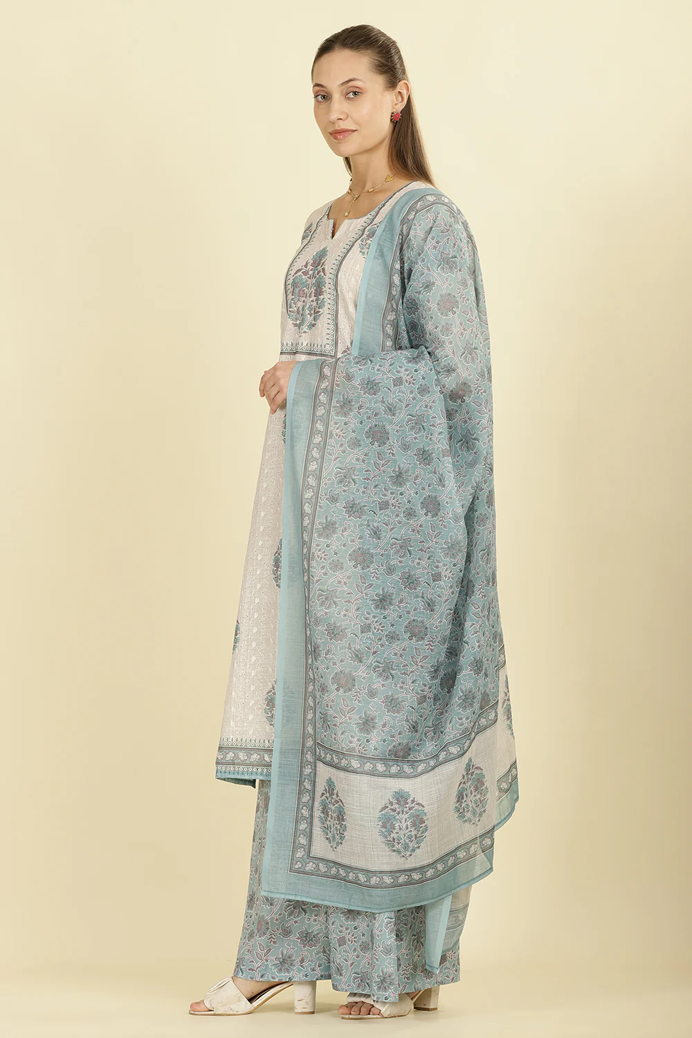 Cream Chanderi Cotton Hacoba Style & Floral Printed Unstitched Suit Material - Image 4