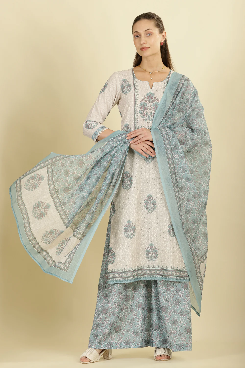 Cream Chanderi Cotton Hacoba Style & Floral Printed Unstitched Suit Material - Image 5