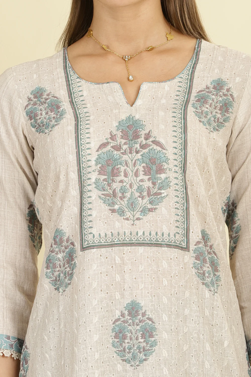 Cream Chanderi Cotton Hacoba Style & Floral Printed Unstitched Suit Material - Image 6