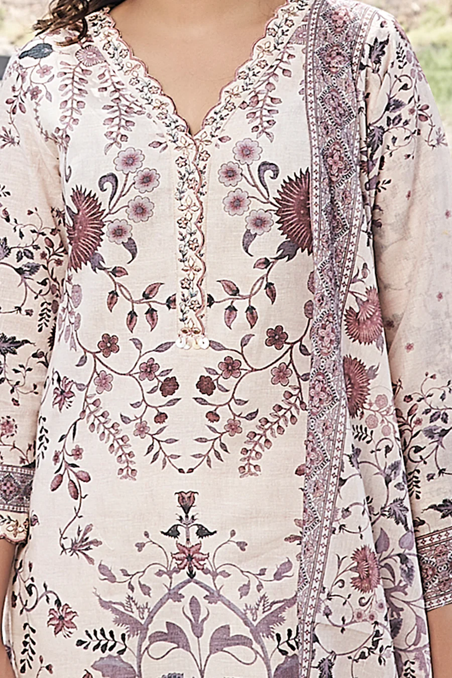 Cream Cotton Floral Printed Suit Set - Image 4