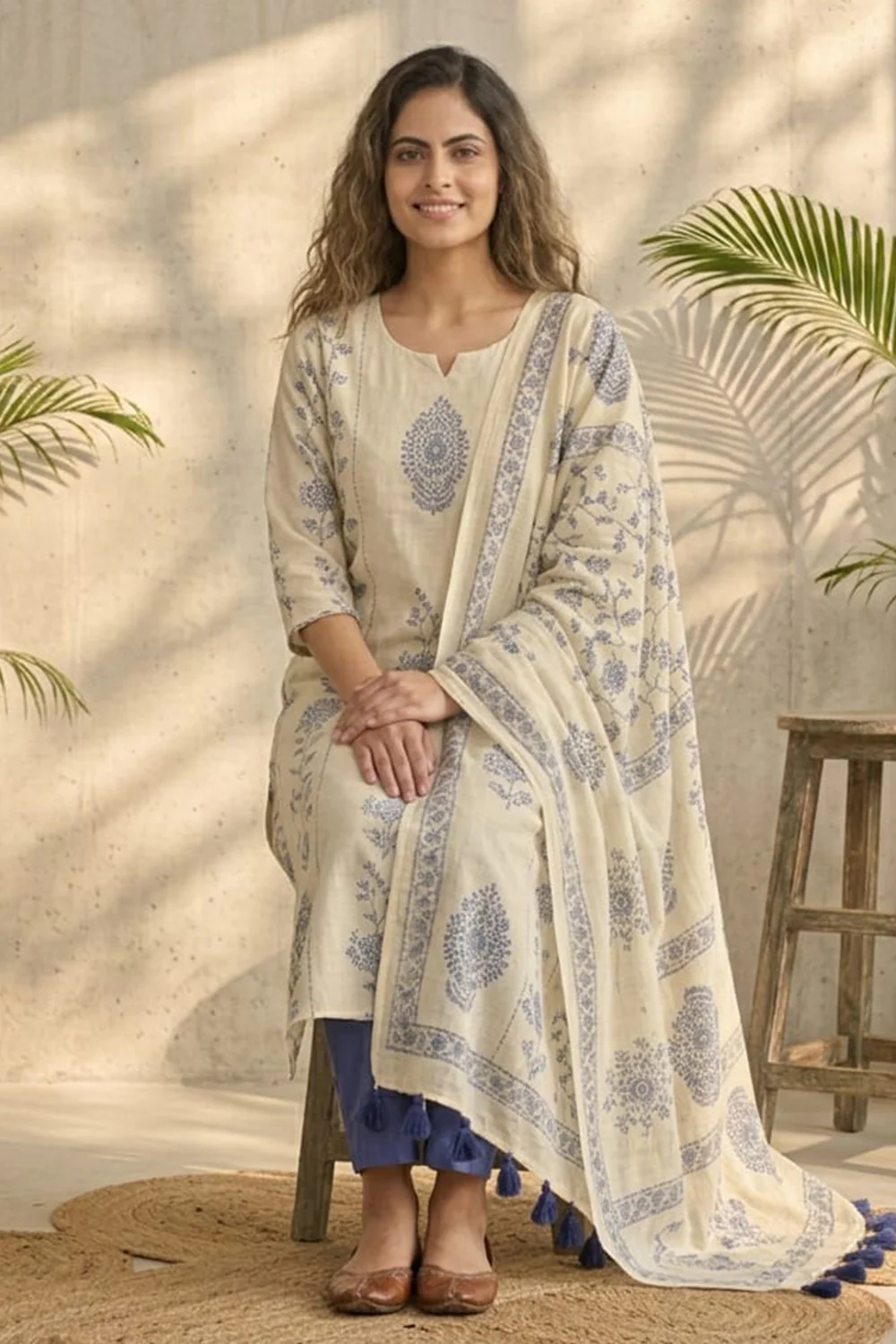 Cream Cotton Hand-Block Printed Suit - Image 3