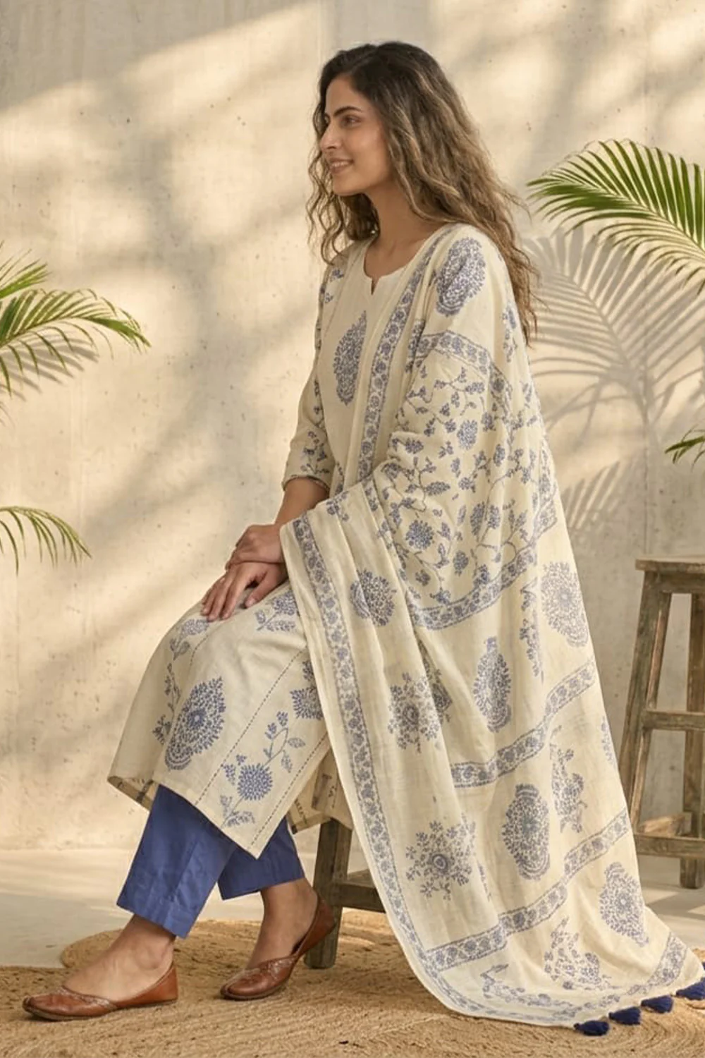 Cream Cotton Hand-Block Printed Suit - Image 4