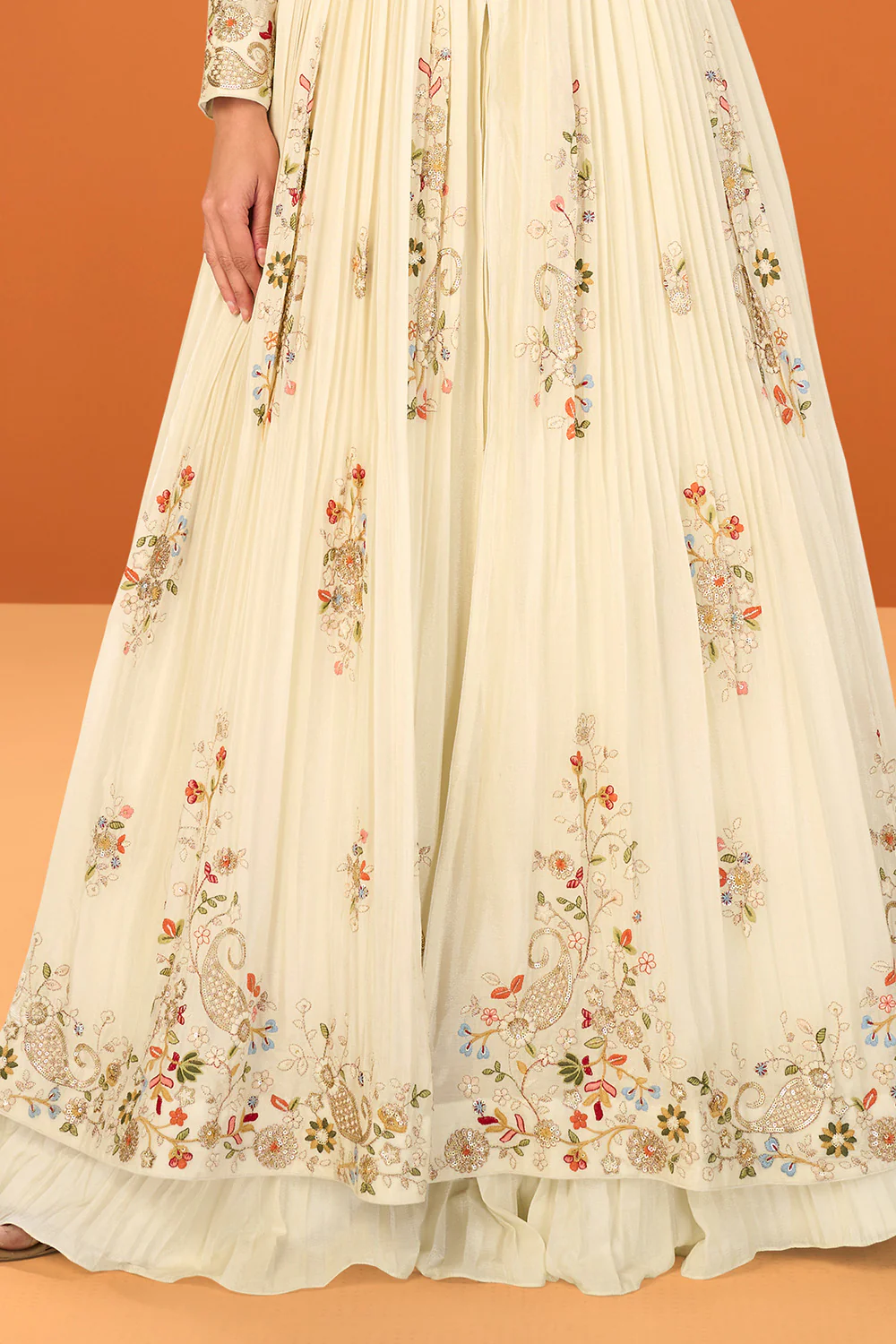 Cream Crepe Silk Embroidered Anarkali Suit With Skirt - Image 3