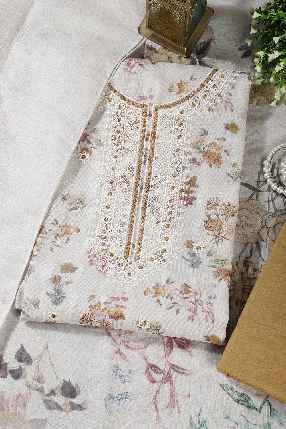 Cream & Fawn Chanderi Cotton Floral Printed And Embroidered Unstitched Suit - Image 2