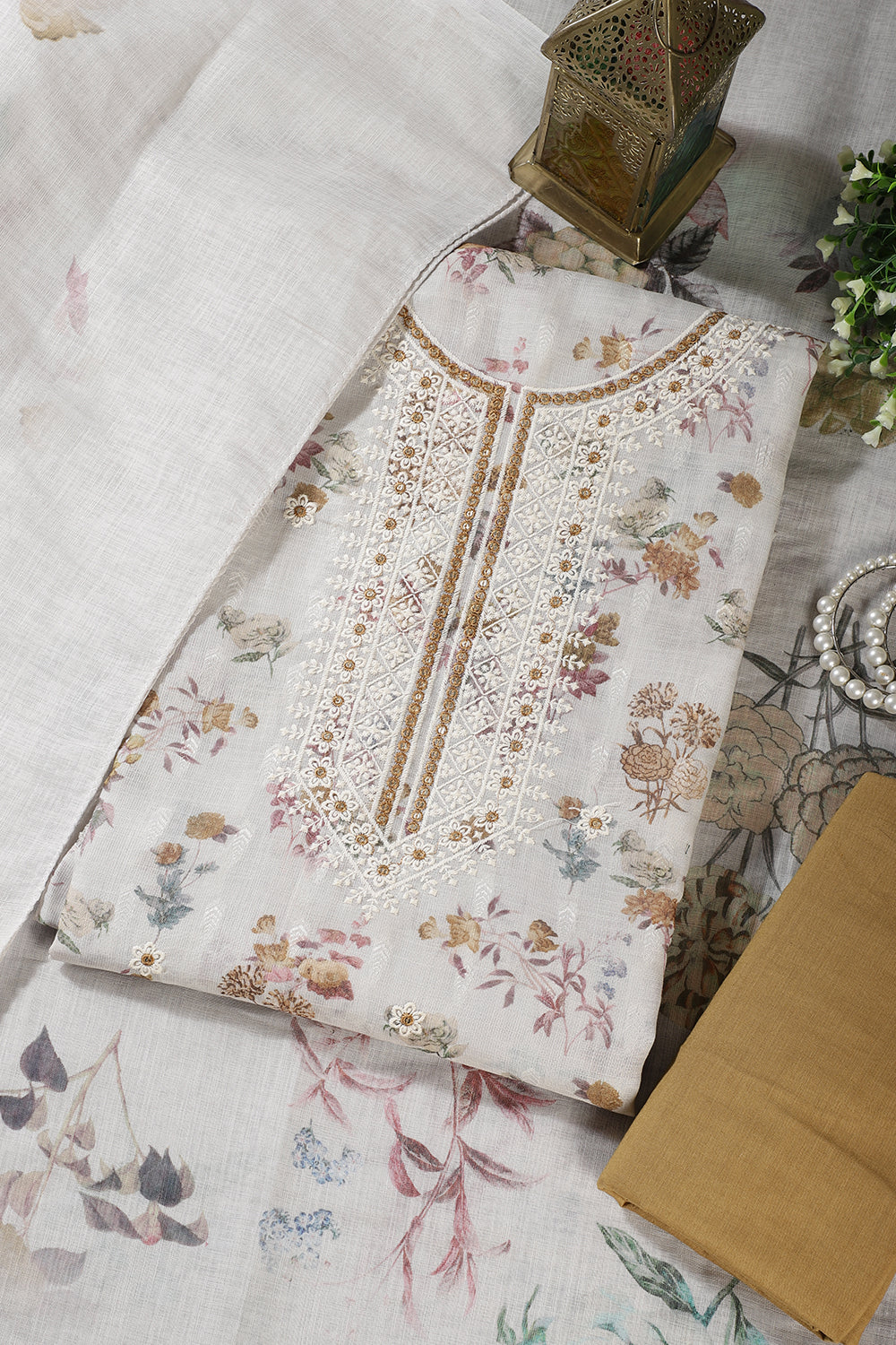Cream & Fawn Chanderi Cotton Floral Printed And Embroidered Unstitched Suit - Image 3