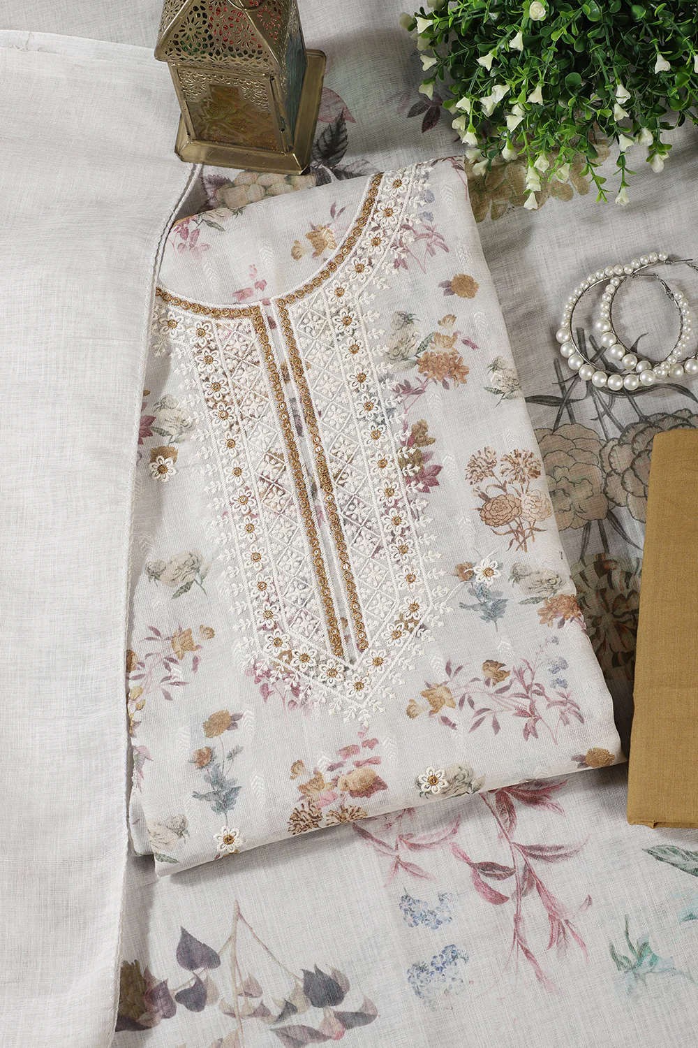 Cream & Fawn Chanderi Cotton Floral Printed And Embroidered Unstitched Suit - Image 4