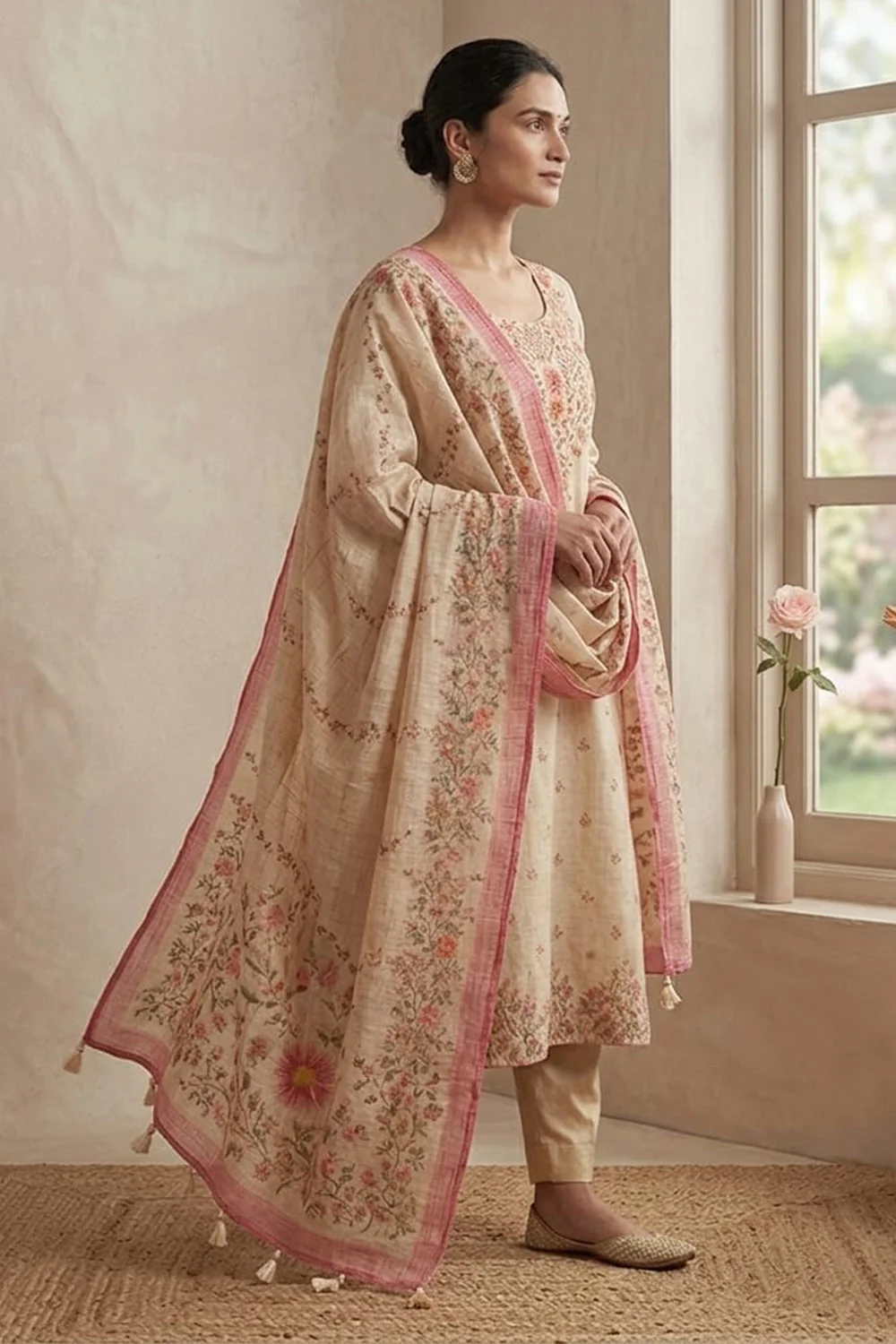 Cream Floral Printed Kota Cotton Suit - Image 2