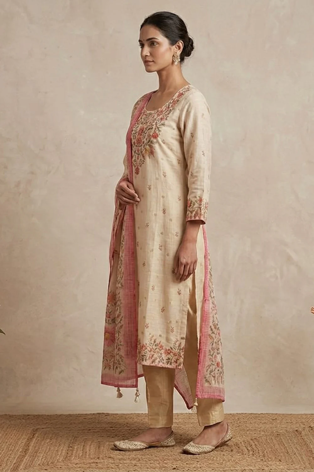Cream Floral Printed Kota Cotton Suit - Image 3