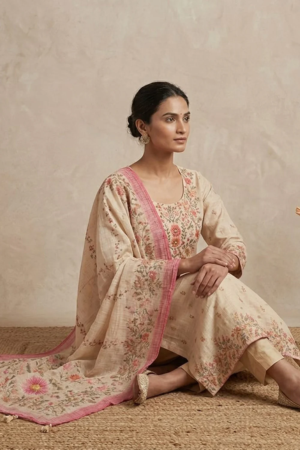 Cream Floral Printed Kota Cotton Suit - Image 4