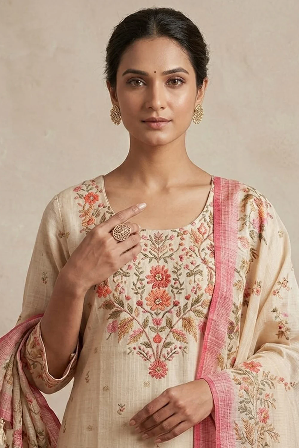 Cream Floral Printed Kota Cotton Suit - Image 5