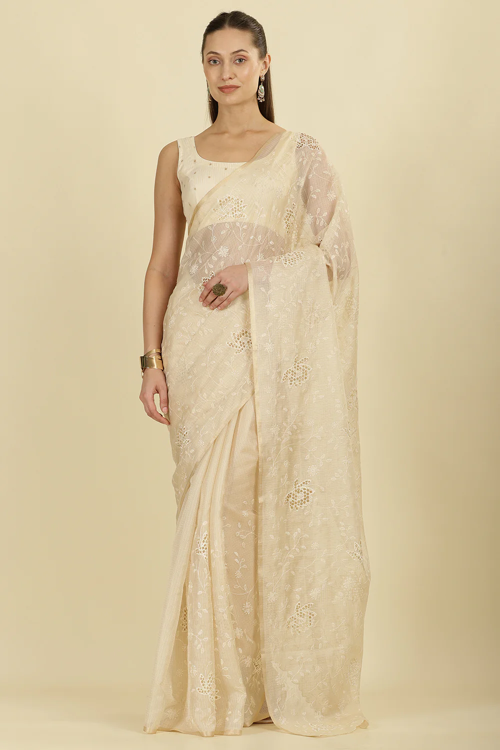 Cream Floral Resham Embroidered Cotton Saree