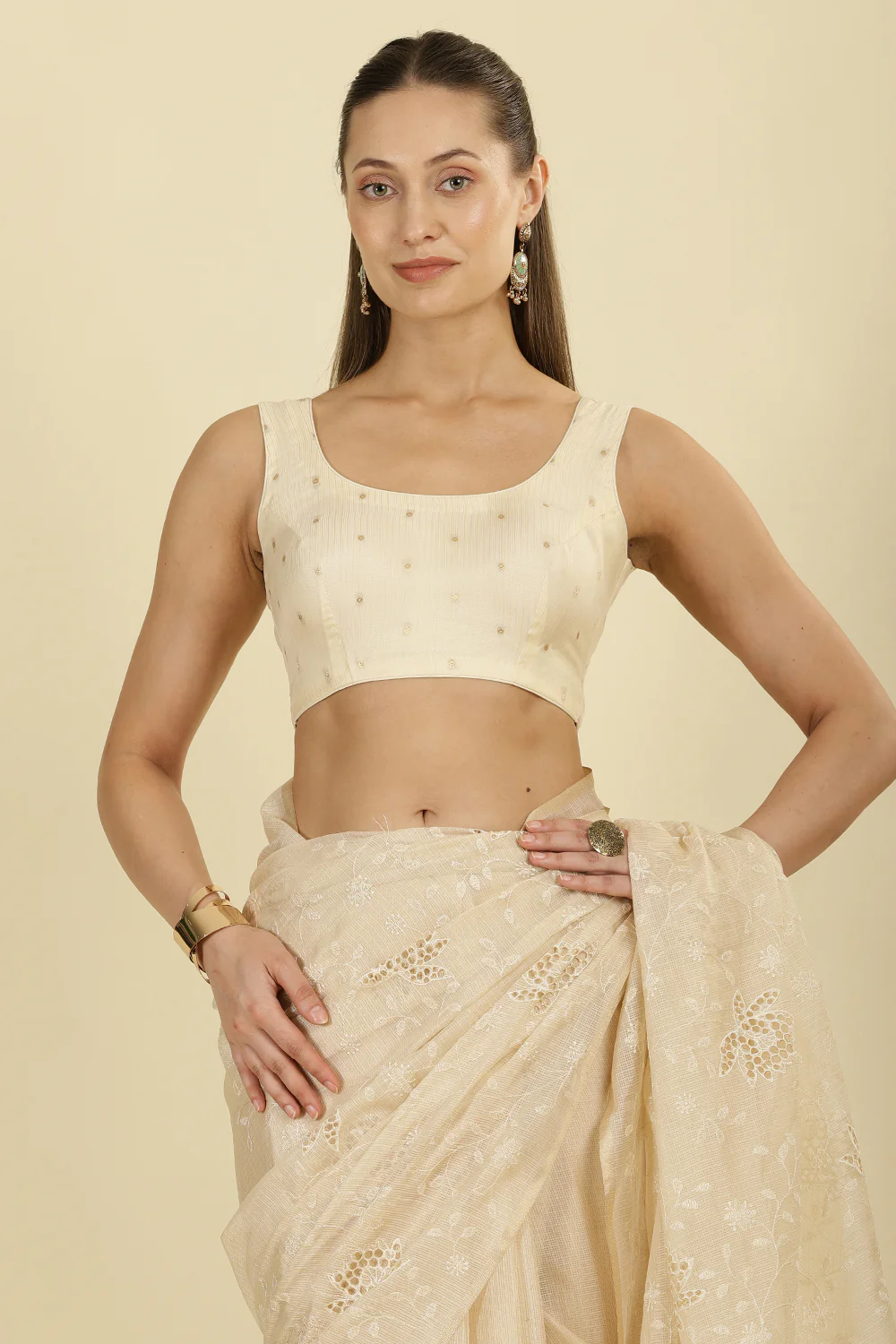 Cream Floral Resham Embroidered Cotton Saree - Image 8
