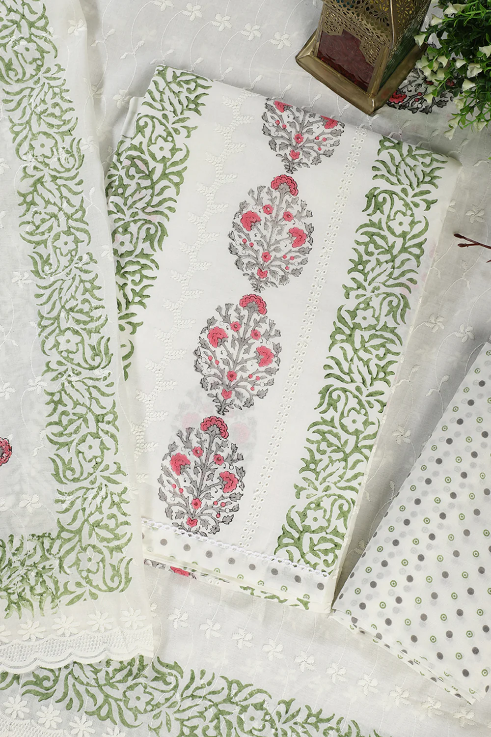 Cream & Green Printed And Resham Embroidered Unstitched Suit Fabric - Image 2