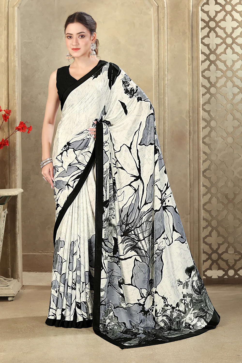Cream & Grey Printed Crepe Silk Saree - Image 2
